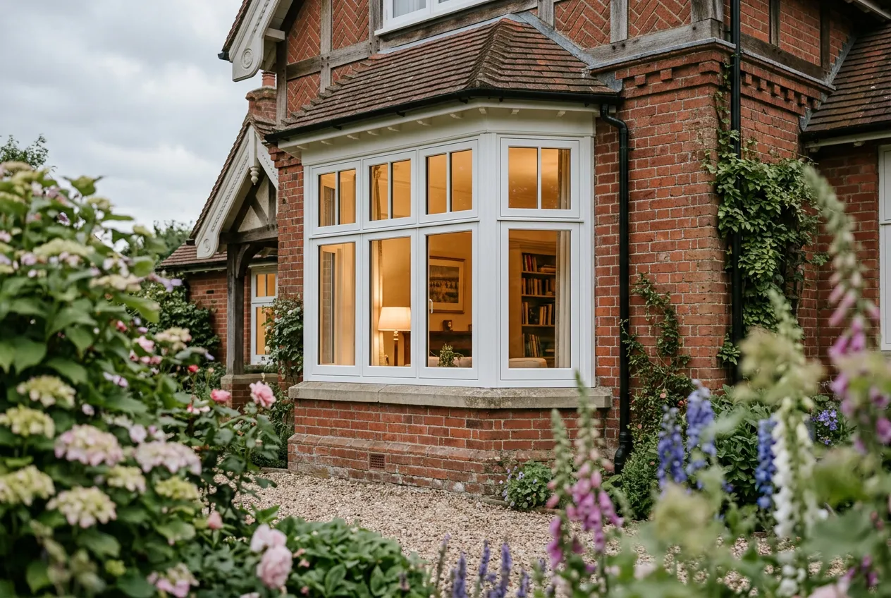 A restored Edwardian red-brick house with a large white flush-casement bay window, photographed in soft morning light.