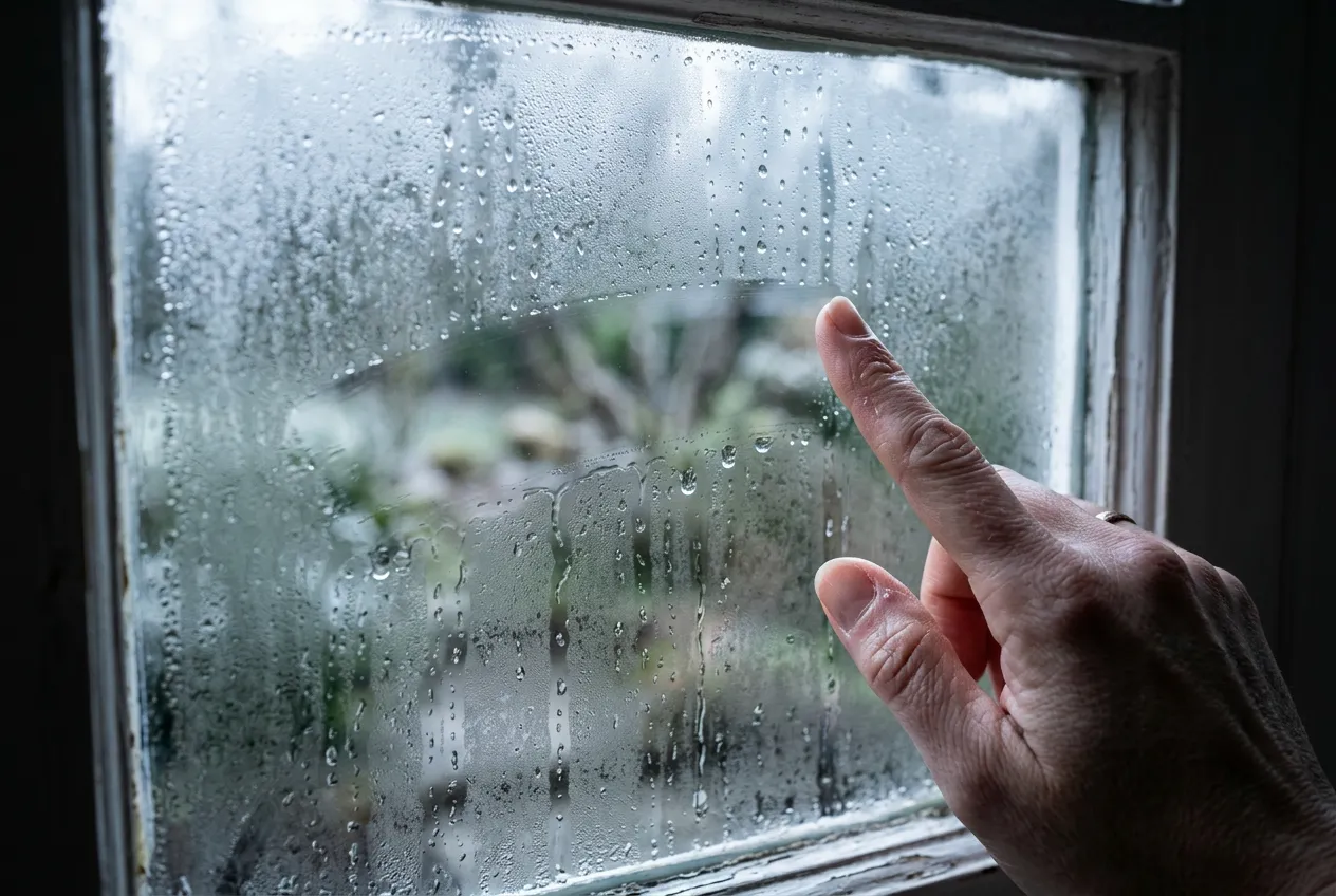 A hand wiping a clear streak through condensation on the inside of a window pane on a cold morning.