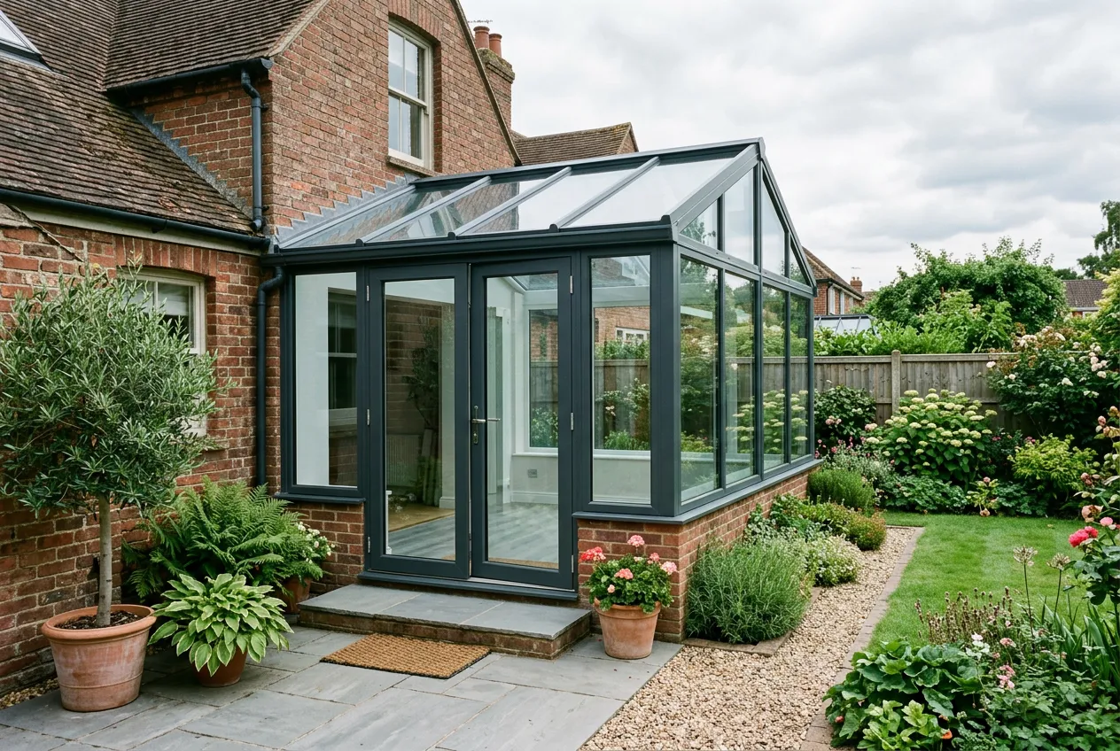 A modern conservatory with slim anthracite aluminium frames and a fully glazed roof, seen from the garden.