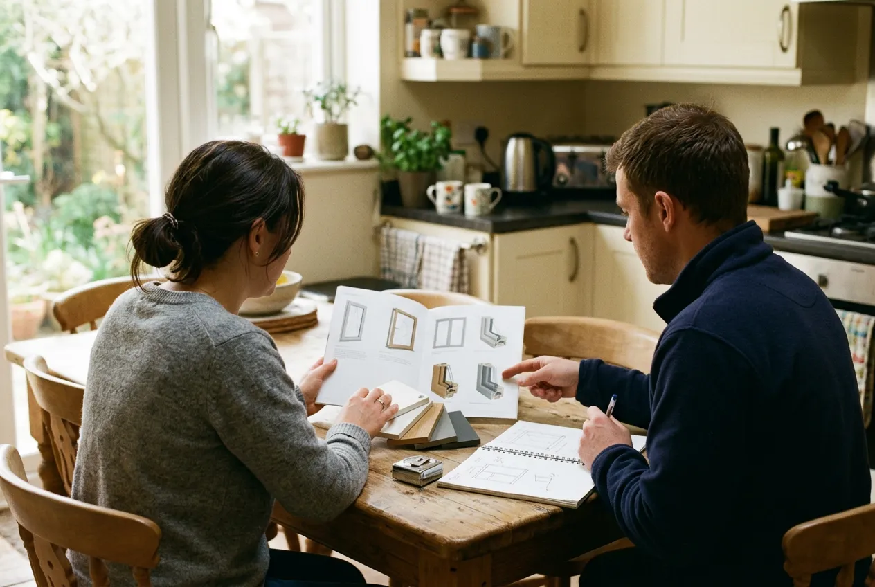 Two people at a kitchen table going through window styles together, with a brochure, colour samples and a tape measure between them.
