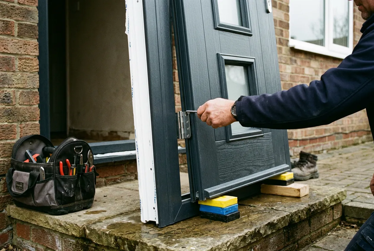 A composite door held part open while its hinges are adjusted, with packers under the leaf and a toolbag on the step.