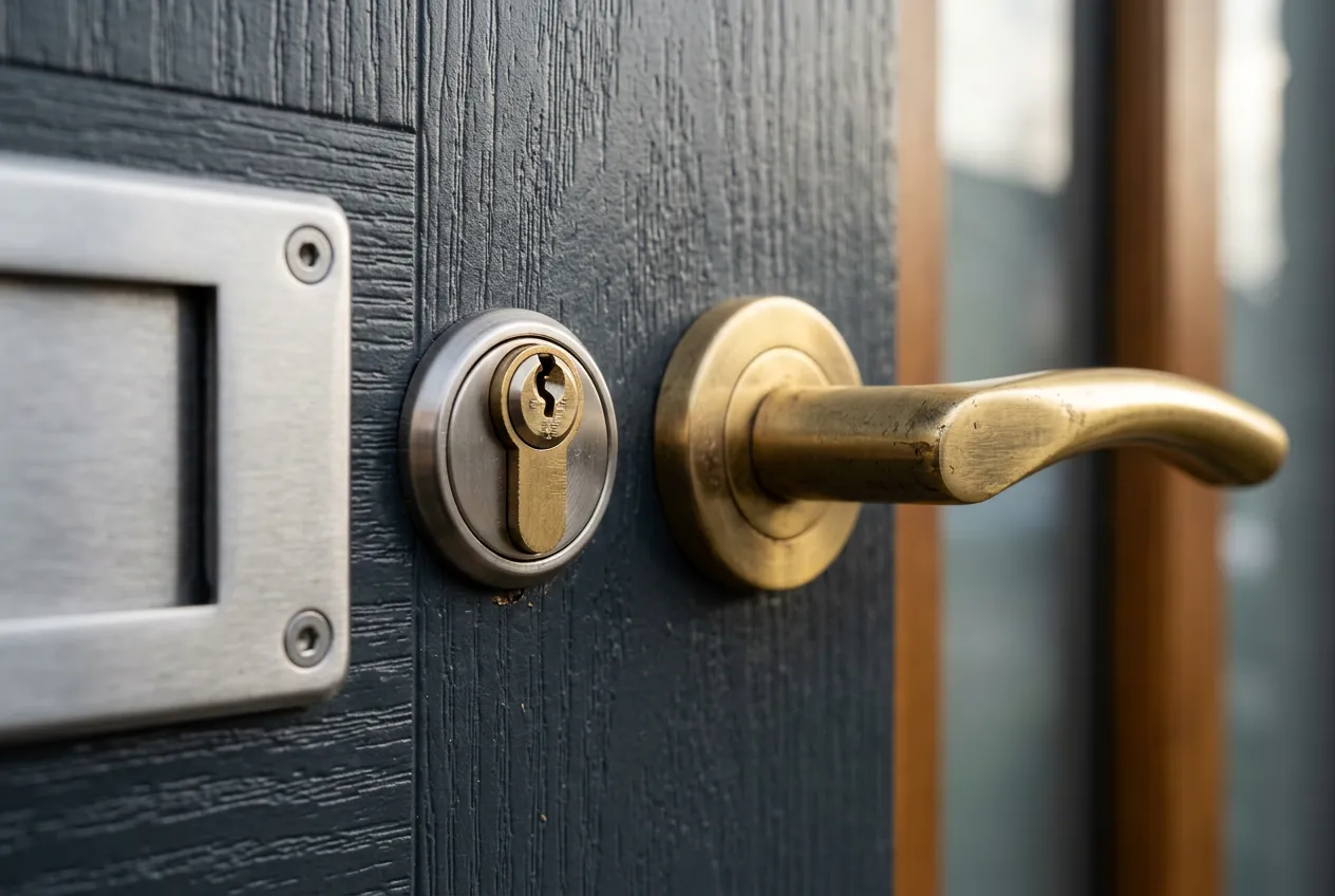 Close detail of a brass lever handle, euro cylinder and letterplate edge on a dark woodgrain composite door.