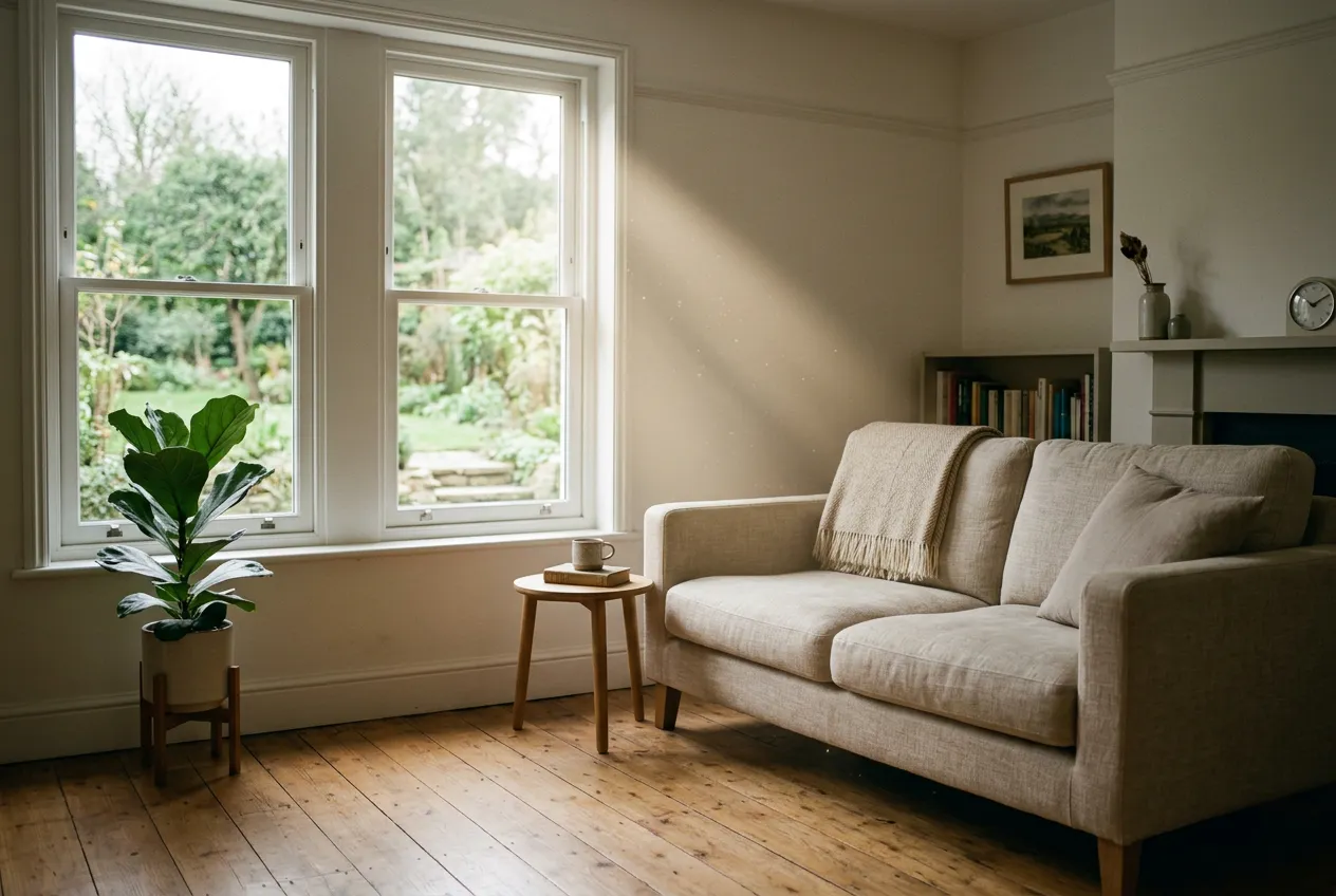 Afternoon light falling across a wooden floor through clean new windows in a quiet, uncluttered living room.