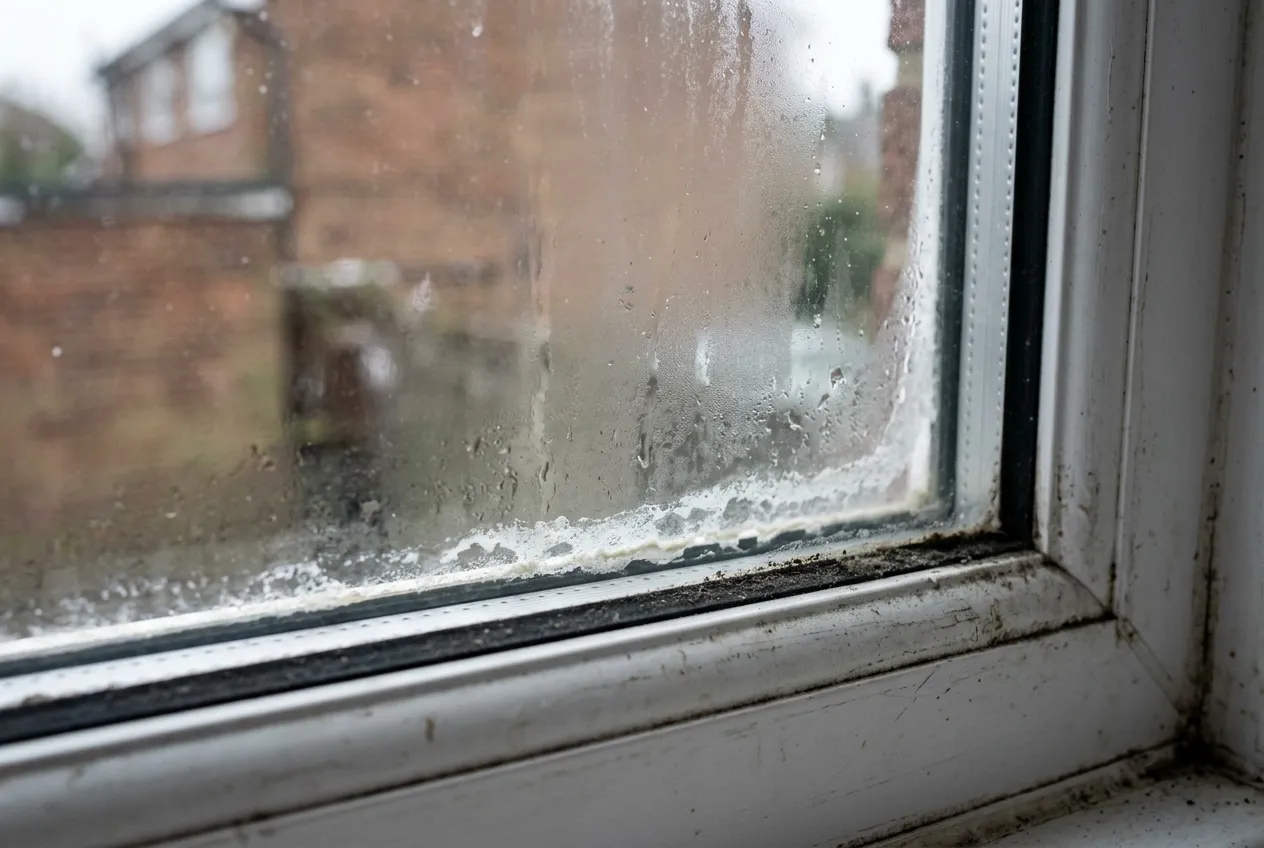 A failed double-glazed sealed unit, with condensation and a chalky tide mark trapped between the two panes.