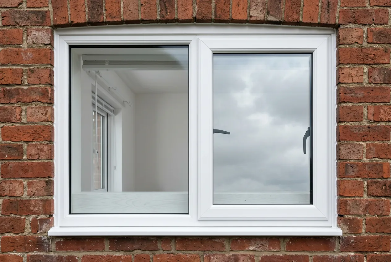 A newly fitted white uPVC casement window in a red brick opening, with a fresh silicone bead around the frame.