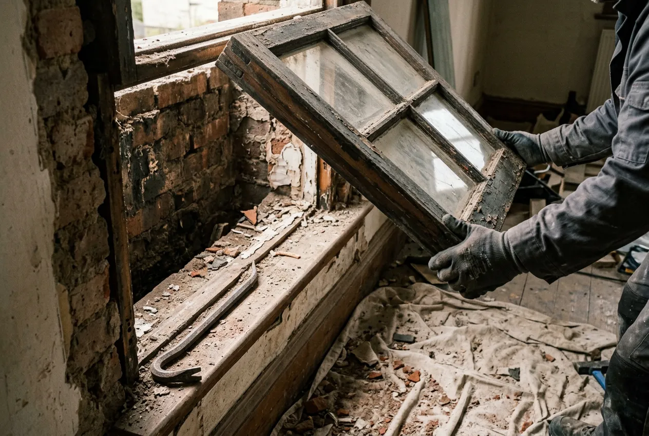 An old timber window frame lifted clear of a brick opening, with the bare reveal and crumbling sealant behind it.