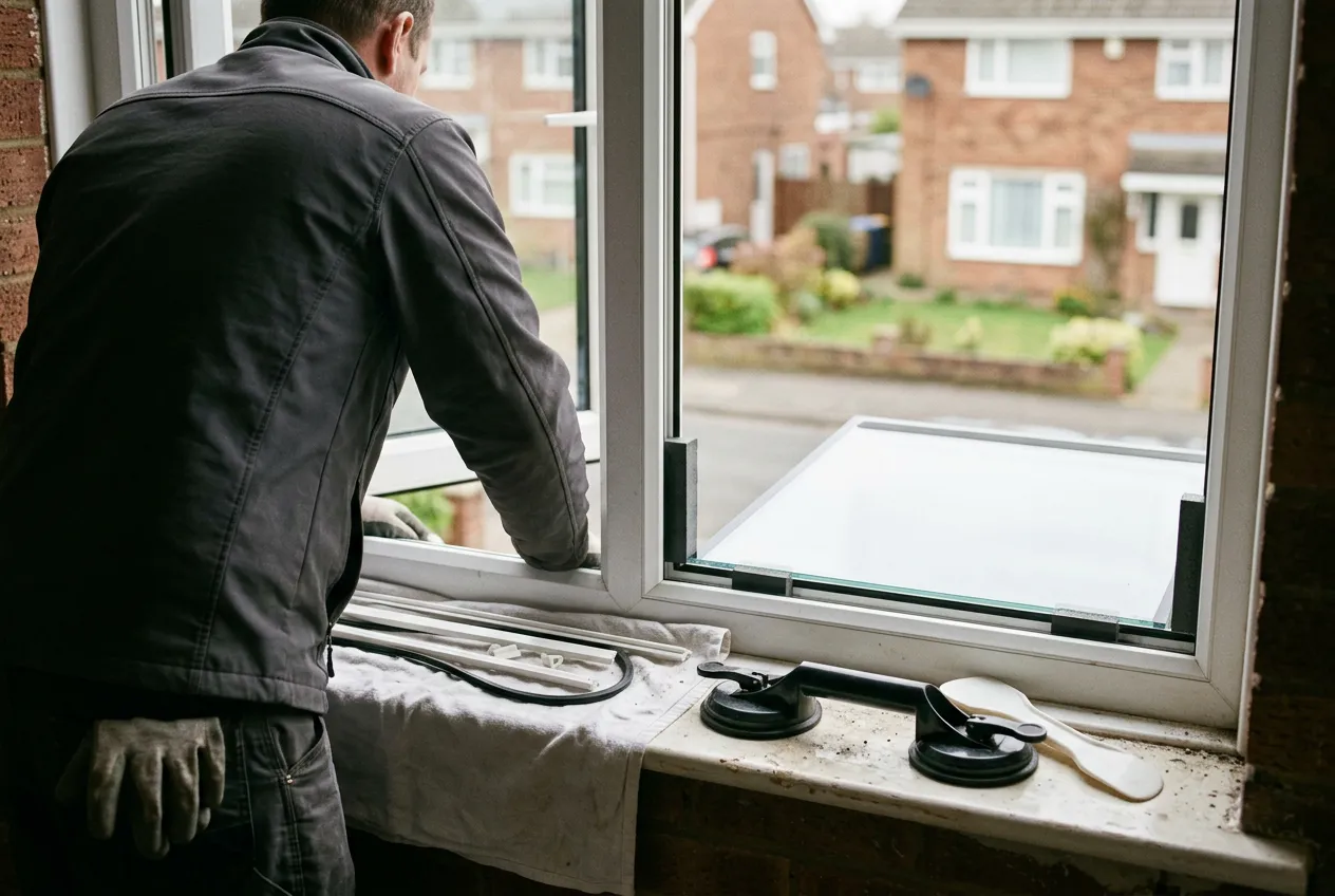 A sealed unit being replaced in an existing uPVC frame, with the glazing beads removed and a suction lifter on the sill.