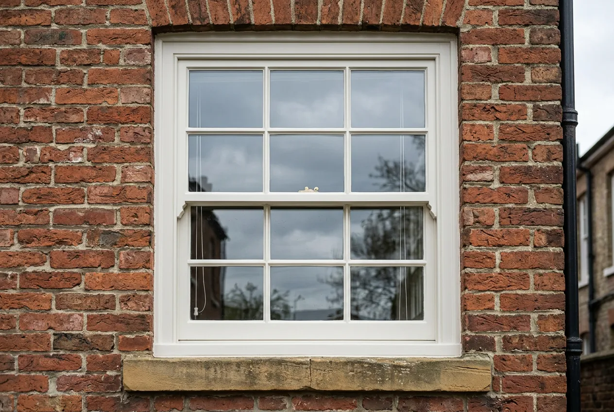 A restored painted timber sliding sash window with slim glazing bars and a sound stone cill, in a brick elevation.