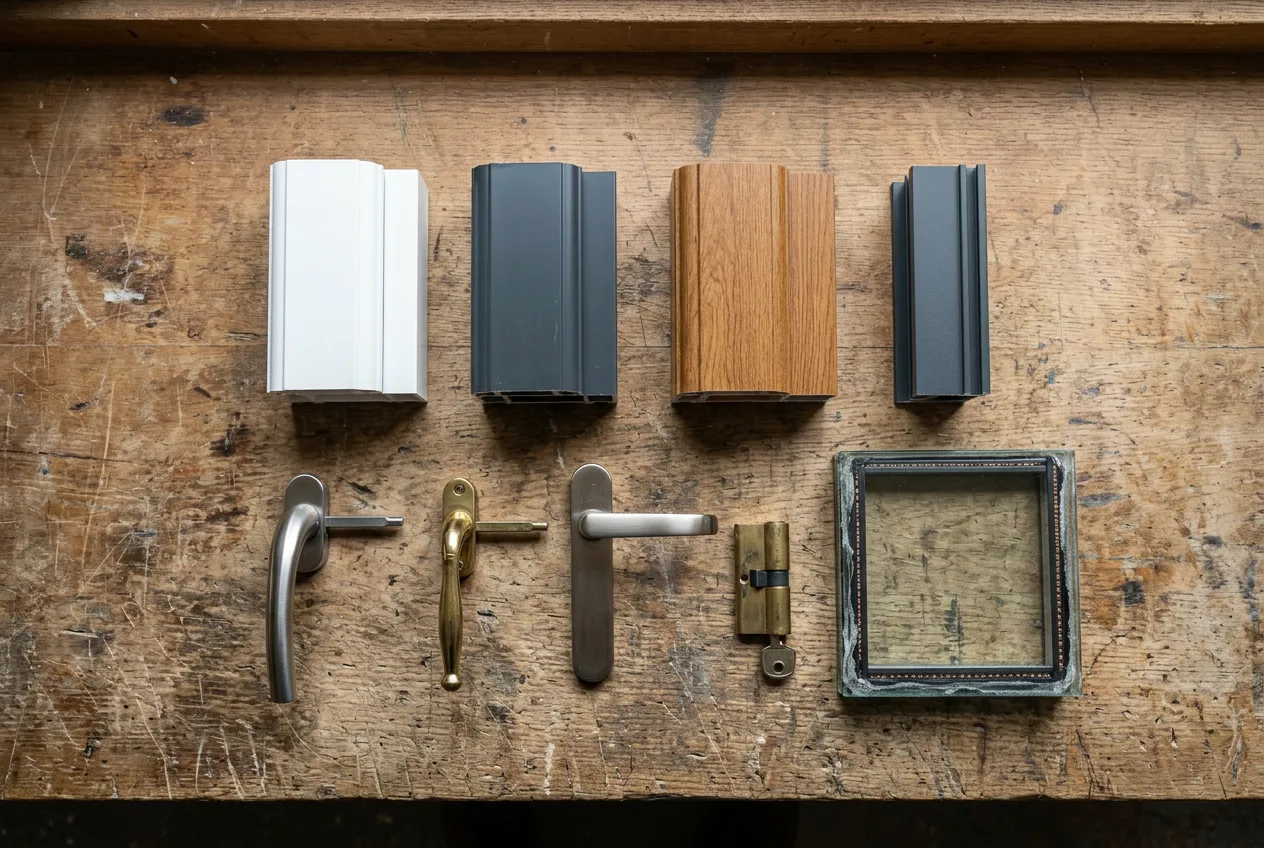 Window and door samples laid out on a workbench: white, grey and woodgrain profile offcuts, handles, a cylinder and a corner of a glazed unit.