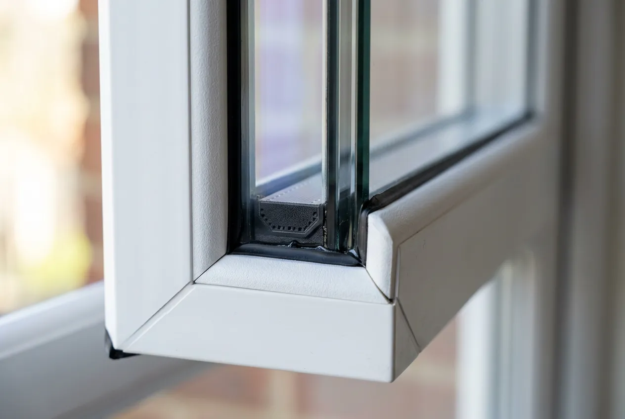Close detail of the corner of a double-glazed unit, showing the spacer bar and perimeter seal between the panes.