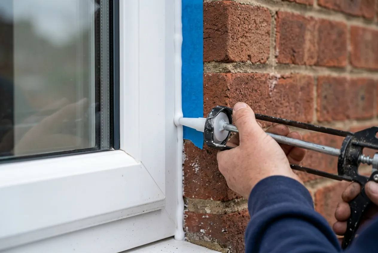 A bead of white sealant being run along the joint between a new window frame and brickwork, with masking tape along the brick.